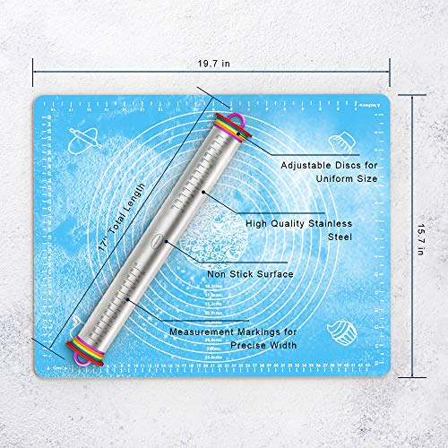 FIREOR Rolling Pin with Thickness Rings, Adjustable Stainless Steel Dough Roller with Silicone Non Stick Pastry Baking Mat for Dough, Fondant, Pizza, Pie, Pastries, Pasta and Cookies