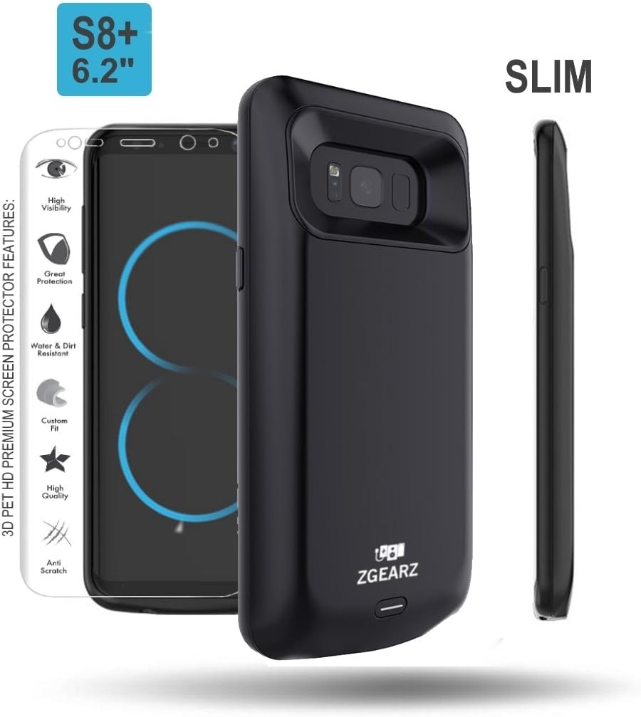 Galaxy S8 Plus Battery Case + 3D PET HD Screen Protector (Not Glass), ZgearZ 5500mAh Slim External Rechargeable Battery Protective Charging Case. Use it as Extended Power Bank Pack for Samsung S8+