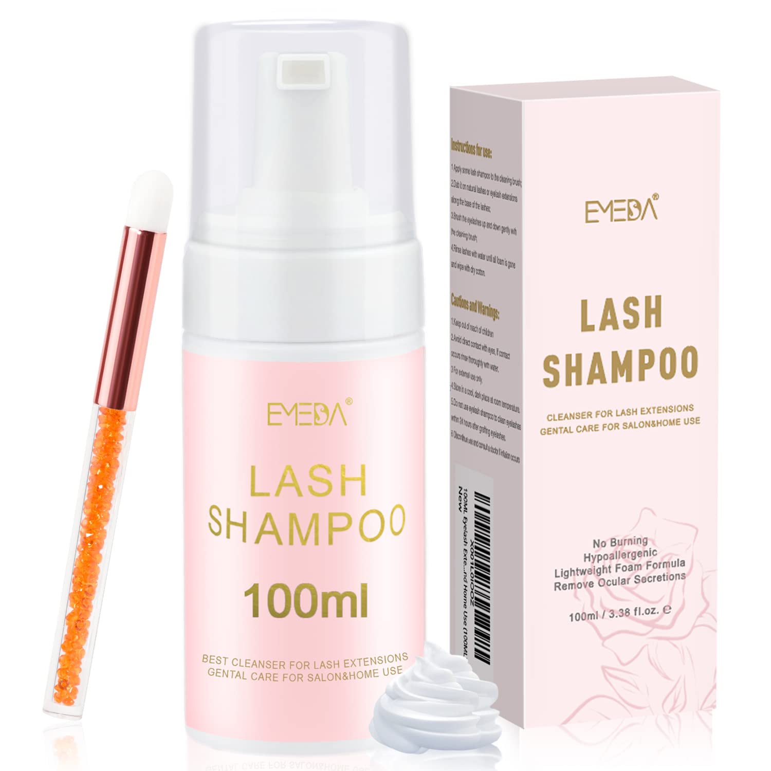 100ML Eyelash Extension Shampoo with Brush Lash Shampoo Eyelash Foaming Cleanser Mousse Wash for Extensions and Cluster Lashes Paraben & Oil Free Salon Home Use — image 1