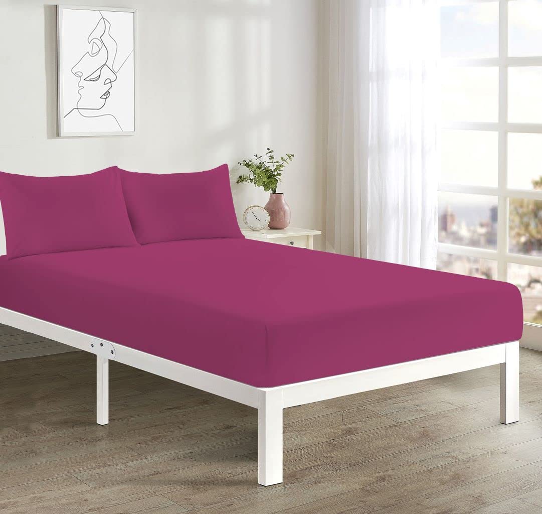 Fitted Bed Sheet With FREE MATCHING 2 X PILLOW CASES Poly Cotton Percale Easy Care Plain Dyed Bed Sheet Fuchsia Double