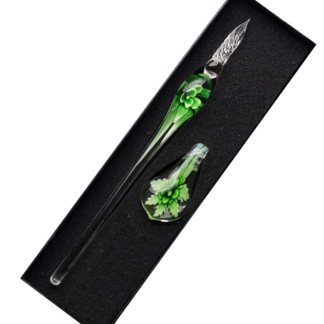 SIPLIV Handmade Crystal Glass Intarsia Dip Pen Fountain Pen Kit Vintage Calligraphy Signatures Pen with A Pen Holder, Green
