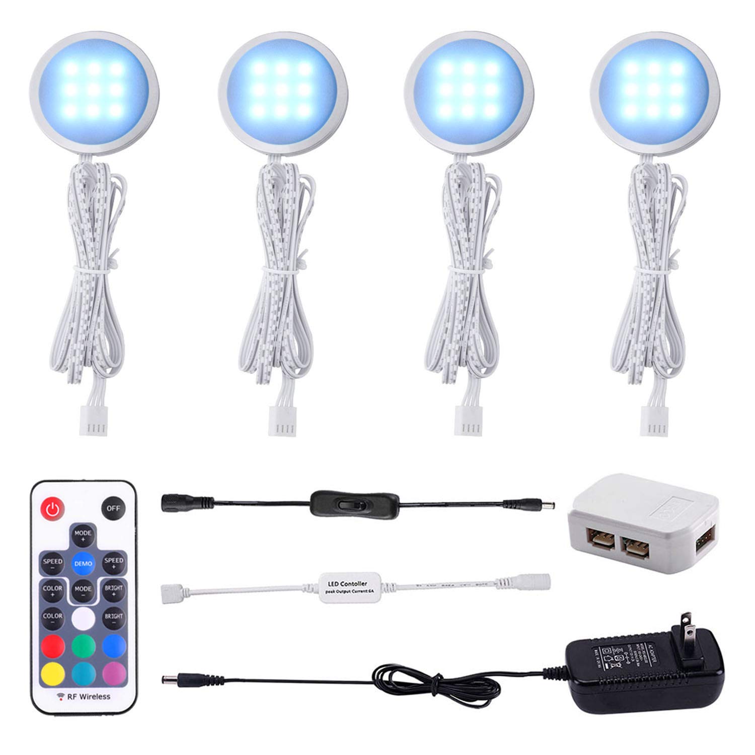 Photo 1 of AIBOO RGB Color Changing LED Under Cabinet Lights Kit, Aluminum Slim Multi Color Puck Lights for Kitchen Counter Furniture Holiday Ambiance Christmas Decor Lighting (4 Lights)
