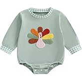 CEHEDDO Newborn Baby Boy Thanksgiving Outfit Bubble Romper Turkey Embroidery Long Sleeve Onesie Fall Winter Clothes