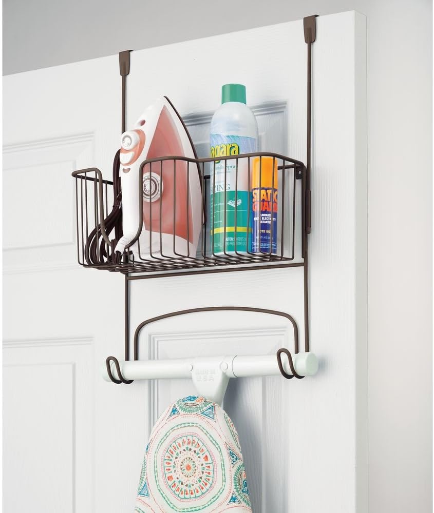 mDesign Metal Over Door Ironing Board Holder with Large Storage Basket - Holds Iron, Board, Spray Bottles, Starch, Fabric Refresher - for Laundry, Utility Room, Garage - Matte Black: Home & Kitchen