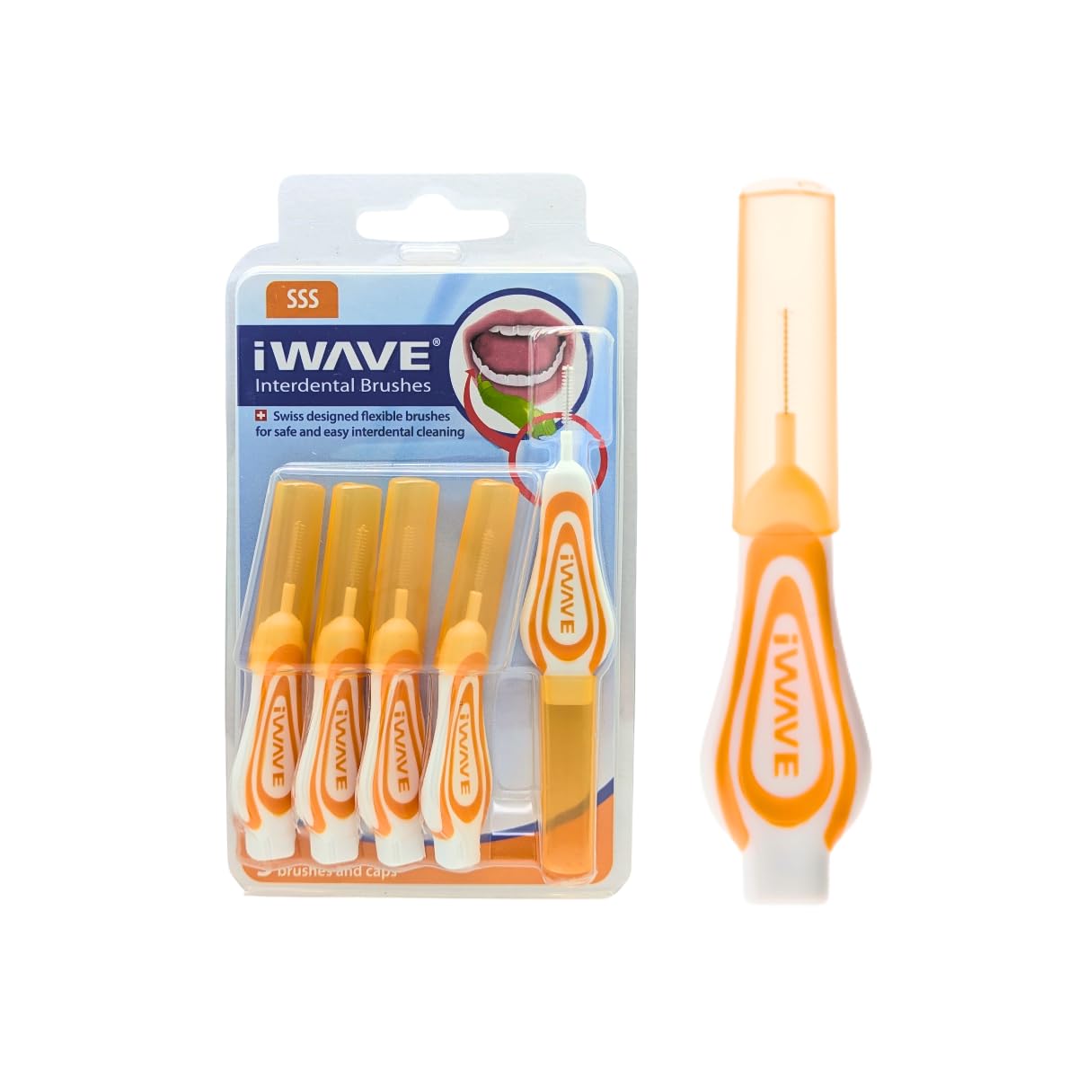 iWave Interdental Brushes Fine Size 0.45 mm Orange Pack of 5 – Interdental Cleaning Brushes for Total Teeth Cleaning Plaque Removal Tool
