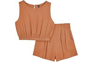 AUTOMET Women’s Summer 2 Piece Outfits Shorts Sets Sleeveless Round Neck Crop Top Tank and High Waisted Shorts with Pockets