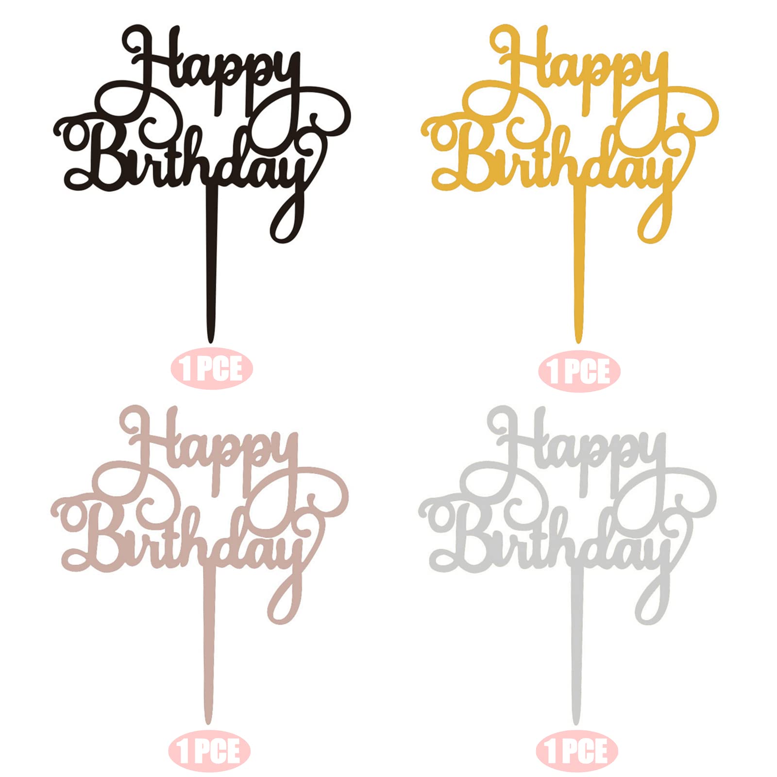 XINCHENG 4pcs Happy Birthday Cake Topper, Acrylic Glitter Birthday Cake Decorations, Beautiful Cupcake Topper Picks for Birthday Party(4 Colors)