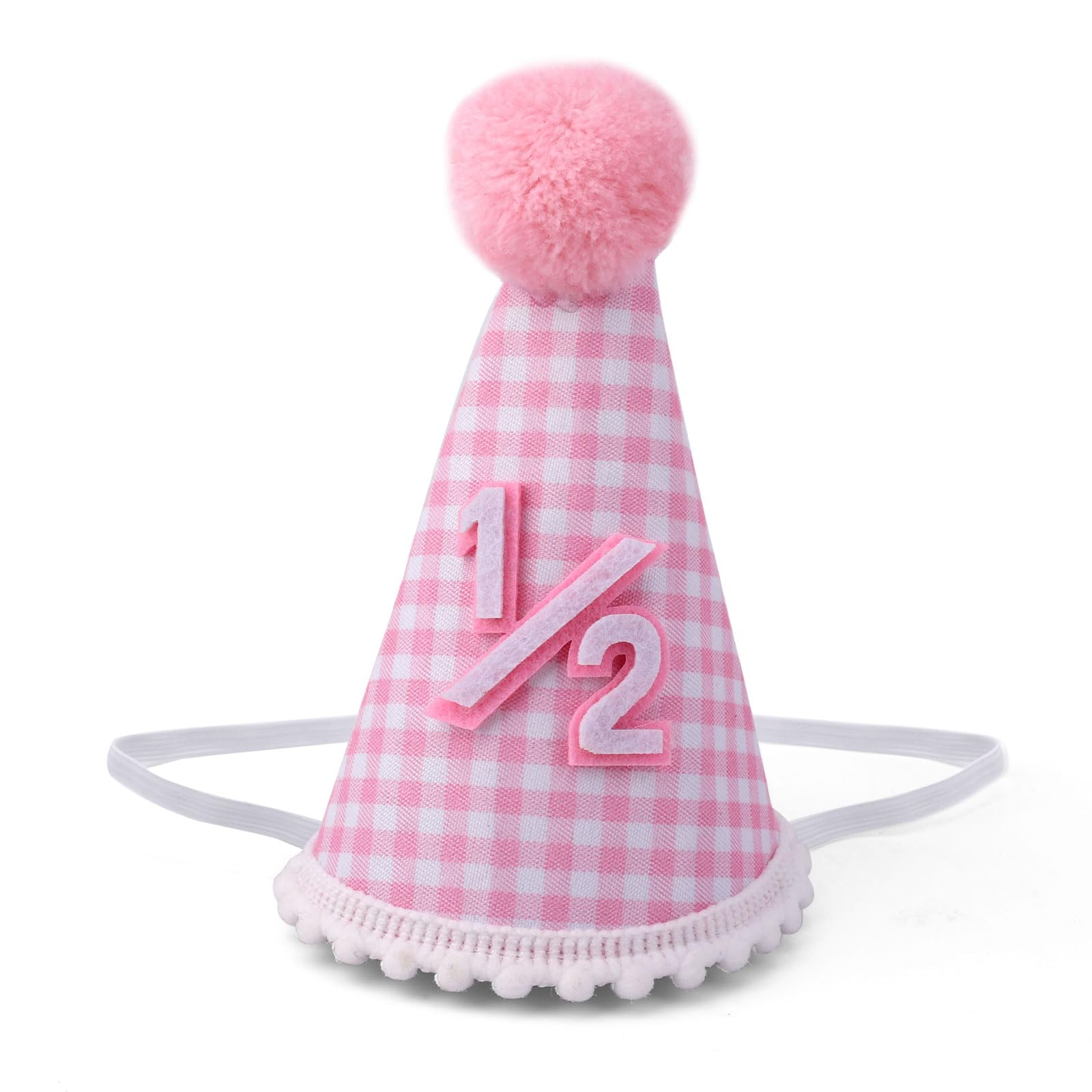 BOXOB 1/2 Birthday Hat, Cute Half Birthday Party Hat Cone Crown with Pink Plaid 6 Months Birth Party Headwear Decoration for Baby Girls Boys