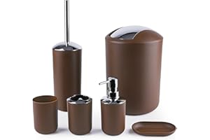 Papillon 6-Piece Bathroom Organization Set, Toothbrush Holder with Cup, Soap Dispenser & Dish, Toilet Brush, Trash Can, Tumbler Set (Coffee)