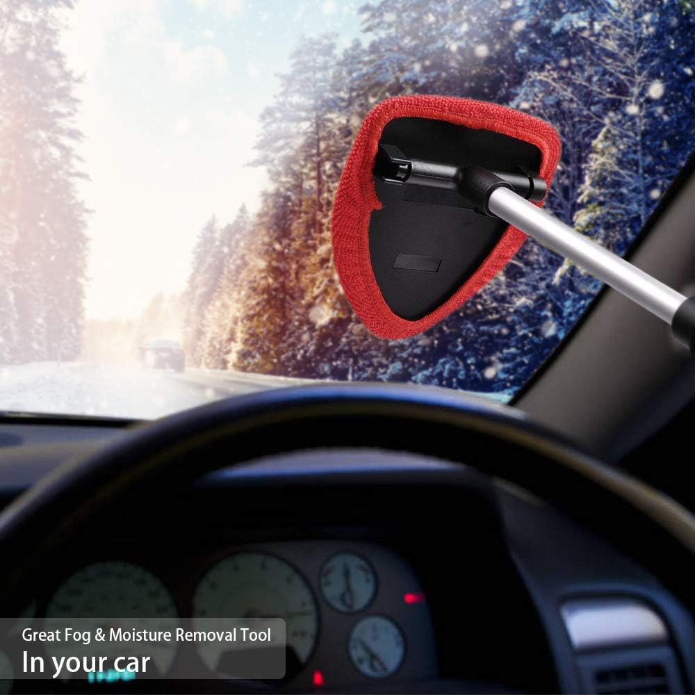 Windshield Window Cleaner Tool, Unbreakable Extendable Long-Reach Handle, Unique Pivoting Triangular Head, 3 Washable Reusable Microfiber Bonnets, Car & Home Inside Interior Exterior Use - Lint Free: Automotive