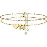 M MOOHAM Gold Initial Ankle Bracelets for Women - Layered Heart Letter A-Z Initial Dainty Gold Anklets for Women Waterproof, Womens Anklets Jewelry Birthday Gifts Jewelry