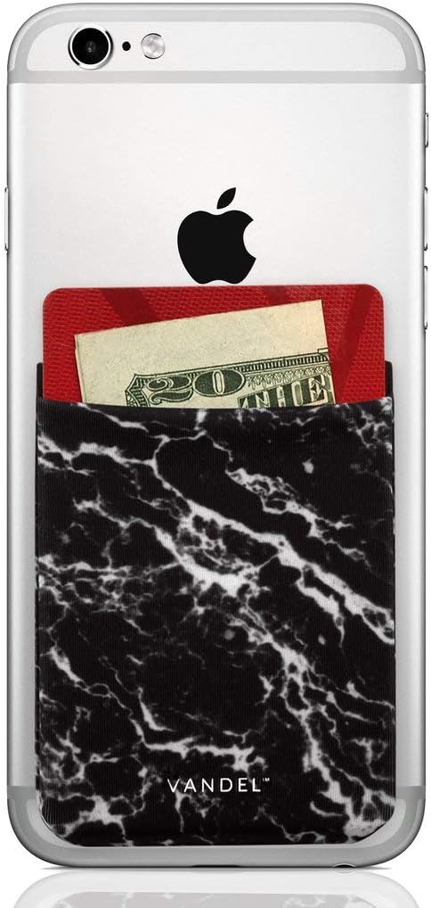 Vandel Pocket: Stick On Fabric Cell Phone Wallet | Credit Card Holder for Back of Smartphone Case | Stretchy Fabric Adhesive Sleeve Compatible with All Devices | Black Marble