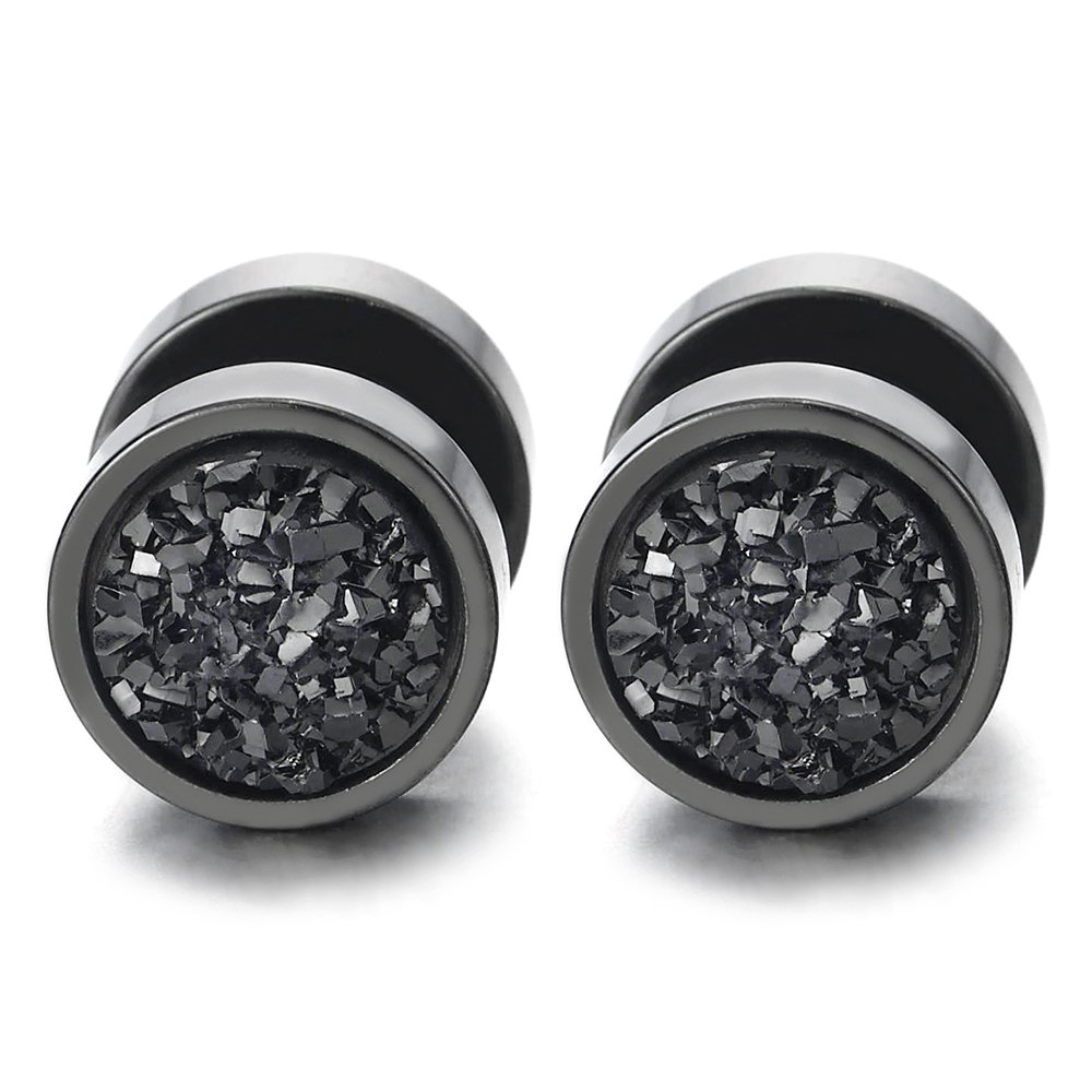 Men Women Steel Black Circle Earrings with Blue Shine - Plug Gauge Fake Cheater Fake Gauges Plugs, Stainless Steel, Not-applicable