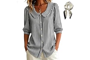 Women's Striped Button-Down Shirt,Women's Retro Peter Pan Collar Striped Shirt,3/4 Sleeve Casual Summer Blouse Tops