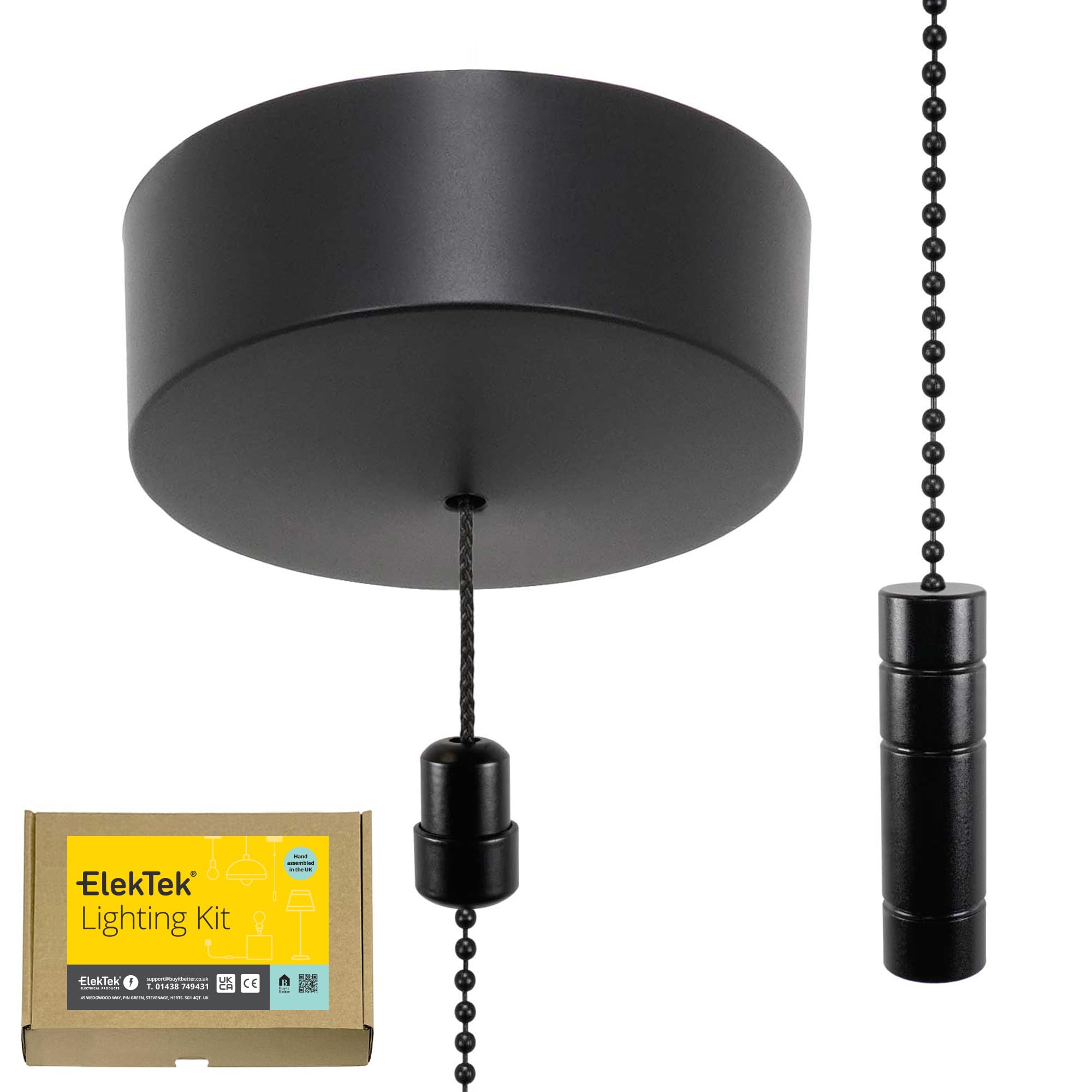 ElekTek UK Safety Approved Matt Black Bathroom Light Pull Switch Kit Black Cylinder Fob Handle + Chain, EN 60669-1 & CE Mark, Earth Terminal, 6A 250V, 1 or 2 Way, Wiring Instructions