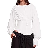 Women's Long Sleeve Button Down Shirt, Collarless Pleated Cinched Waist Blouse, Casual & Office Wear Tops