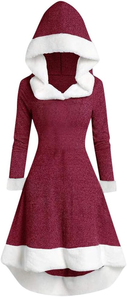 hooded lace up faux fur panel marled asymmetrical dress Hetde Women Christmas Patchwork Party Long Sleeve Plush Stitching Long Formal Sequin Applique a vibrant aqua lace Color:White (Pre-sale) 90s sundress