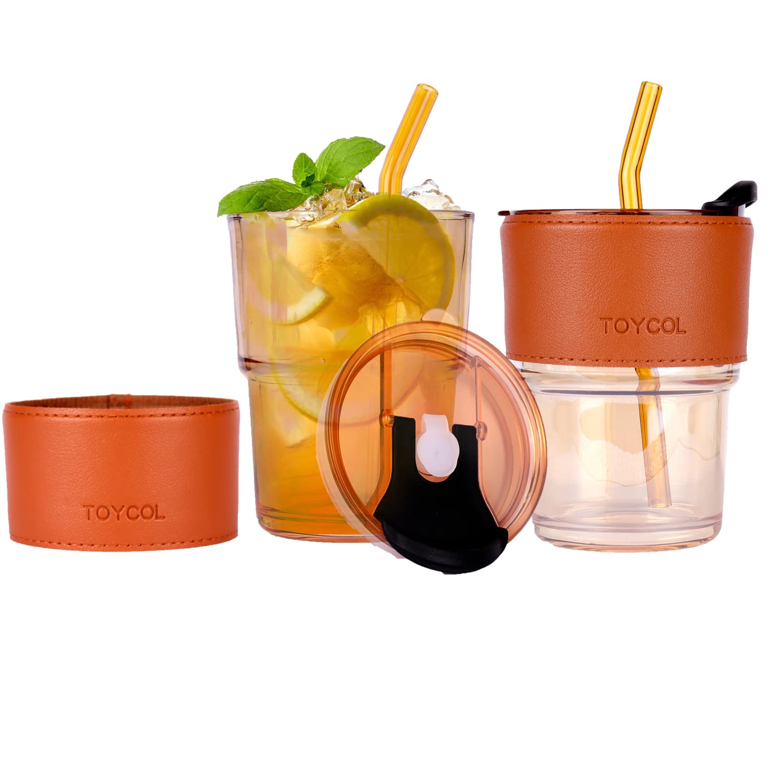 Photo 1 of 13.5oz Glass Tumbler Coffee Cups with Straw and Lid Reusable Travel Iced Coffee Smoothies Cups Amber Glasses Drinking Glass Cups with Leather Band for Hot & Cold Beverages