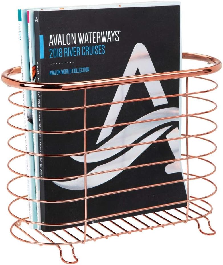 mDesign Decorative Metal Farmhouse Magazine Holder and Organizer Bin - Standing Rack for Magazines, Books, Newspapers, Tablets in Bathroom, Family Room, Office, Den - Rose Gold