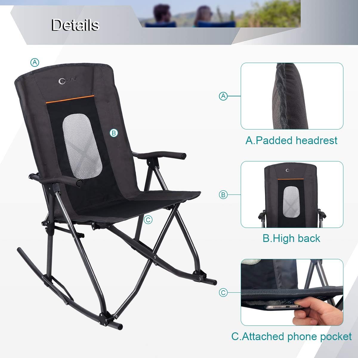 PORTAL Oversized Quad Folding Camping Rocking Chair High Back Hard Armrest Carry Bag Included, Support 300 lbs, Black: Furniture & Decor