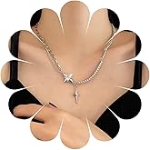 Allereyae Vintage Layered Crystal Starburst Necklace Rhinestone Star Pendant Necklace Silver Cz Star Choker Necklace Punk Splice Chain Necklace Jewelry for Women