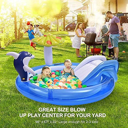 Kids Pool with Slide,Inflatable Play Center for Garden,Dolphin Fountain
