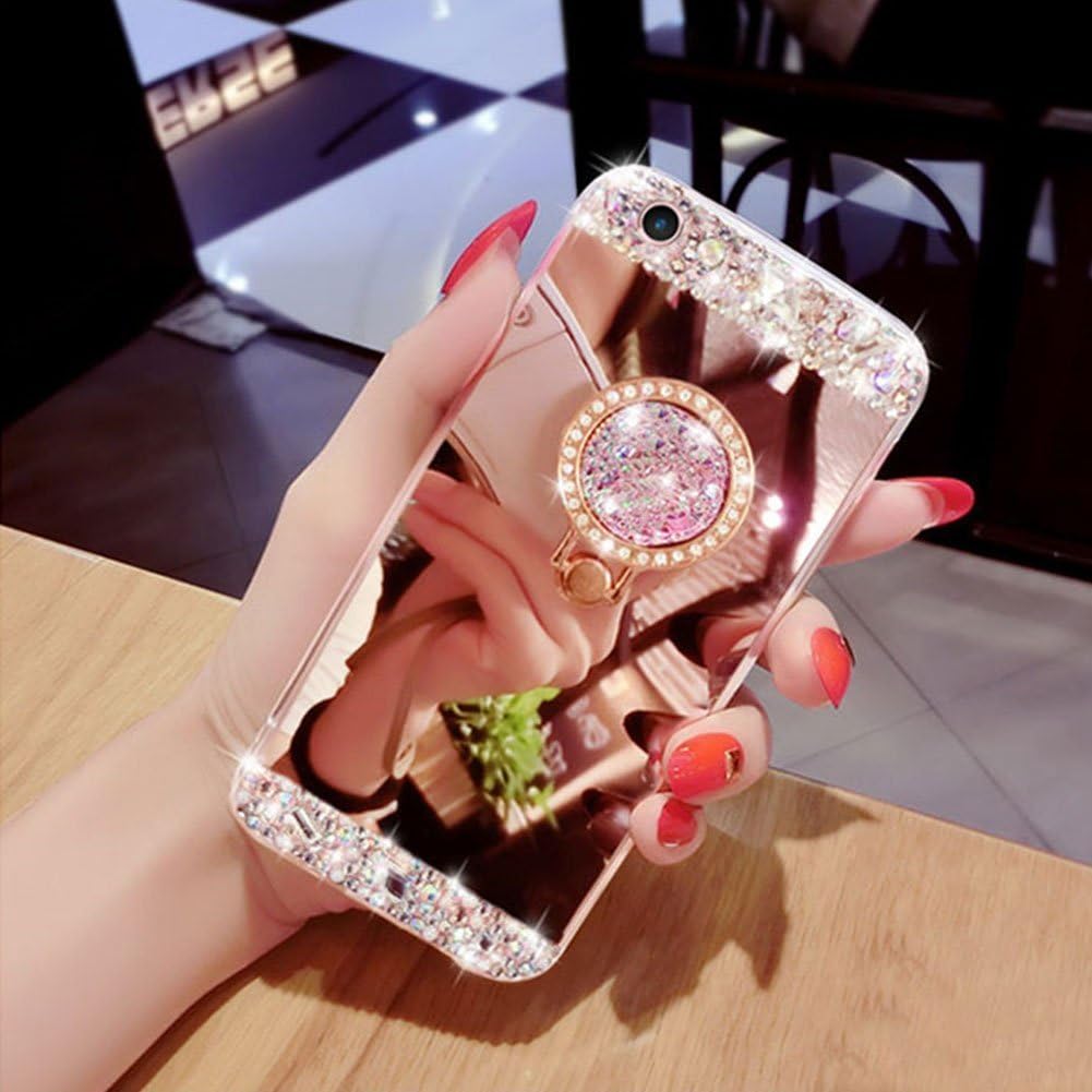 Areall for iphone 7 Case Silicone Mirror, [with Ring Stand Holder] Glitter Luxury Crystal Rhinestone Soft Slim Flexible Rubber Shockproof Makeup Back Cover Bumper for iphone 7(4.7inch)-Rose Gold