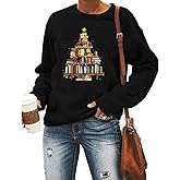 HAJIEXY Women Christmas Books Tree Sweatshirt Cute Books Graphic Long Sleeve Holiday Shirts Casual O-Neck Xmas Teachers Tops