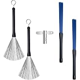 CashBeat 2-Pair Retractable Drum Brushes Wire Nylon with Drum Tuning Key | Wire and nylon brushes 2 pairs, retractable fan, rubber handle, includes drum tuning key, fits jazz cajon acoustic percussion