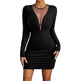 QIANZHIDU Women's Velvet Crewneck Mesh Sheer Deep V Neckline Long Sleeve Bodycon Club Mini Dress