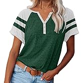 Women Henley Raglan Short Sleeve Tops Color Block Summer Tee Shirts Button Down Y2K Casual T-Shirts