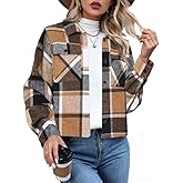 Dookttker Womens Cropped Flannel Shacket Plaid Button Down Shirts Jackets Long Sleeve Coat Tops Fall Clothes Fashion Outfits