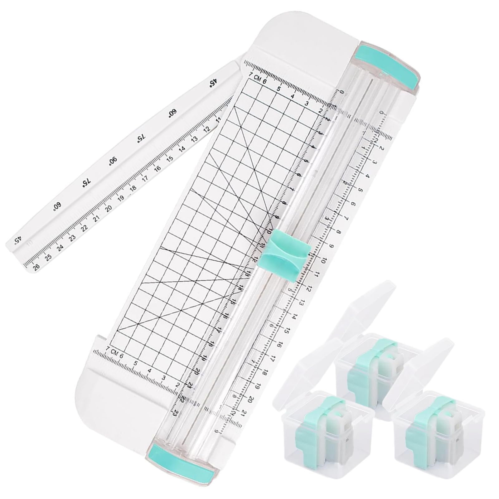 4 Pcs Portable Paper Cutter Set, Mint Green Paper Trimmer with Replacement Blades, Scrapbooking Tool with Automatic Security Safeguard, Side Ruler for Crafting Paper, Label, Cardstock