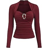 SOLY HUX Women's Long Sleeve Metal Decor Button Trendy Going Out Top Sweetheart Neck Slim Elegant T Shirts Christmas