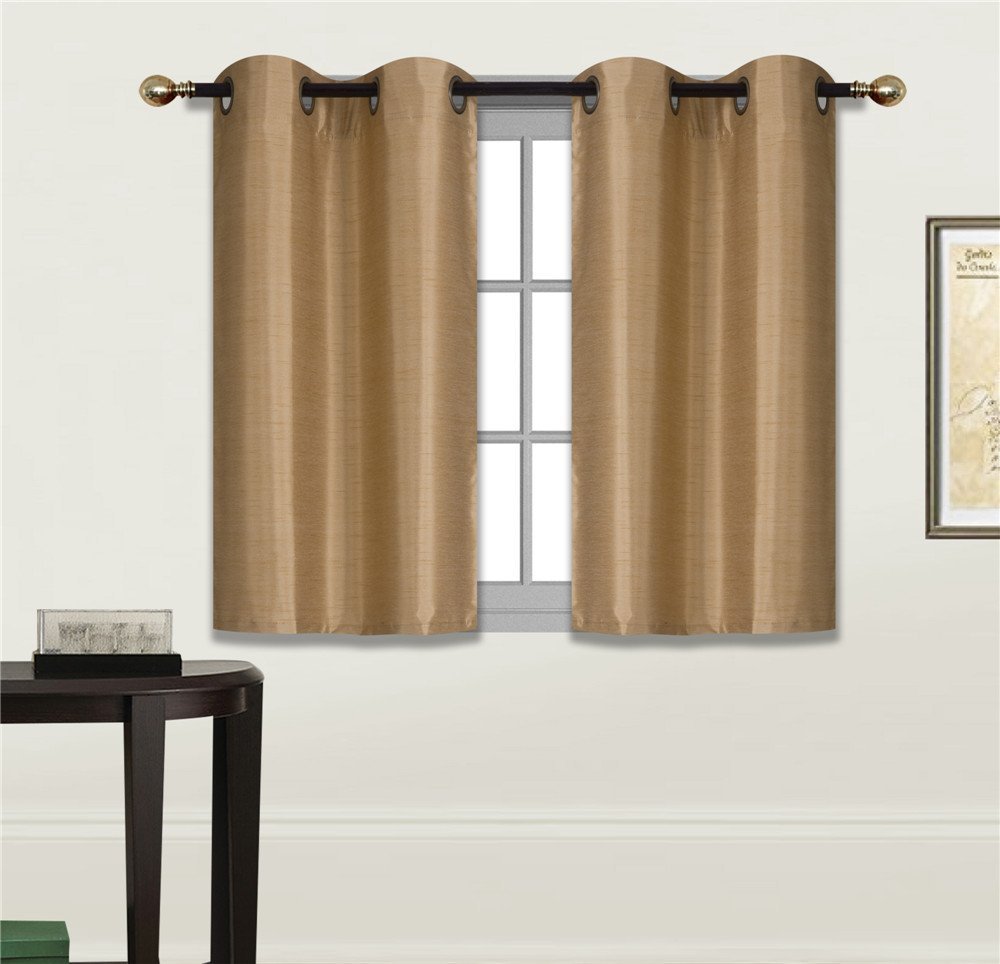Elegant Home 2 Panels Tiers Grommets Small Window Treatment Curtain Faux Silk Insulated Blackout Drape Short Panel 28" W X 36" L Each for Kitchen Bathroom or Any Small Window # D24 (Gold)