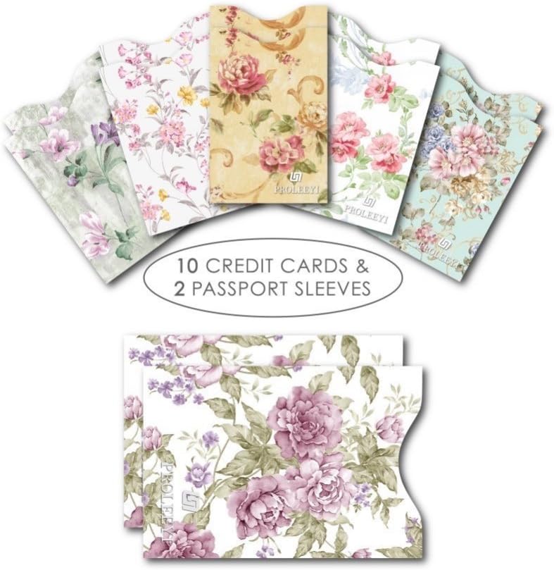 RFID Blocking Sleeve Set Case Credit Card Protective Holder for 10 Credit Cards, 2 Passports, Floral Design, Side Load for Daily Use Secure Identity Theft Protection