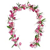 Artificial Tulip Garland,6ft Flowers Garland with Green Leaves Easter Wreath Flower Hanging Vines for Wall Home Wedding Indoor Outdoor Decor