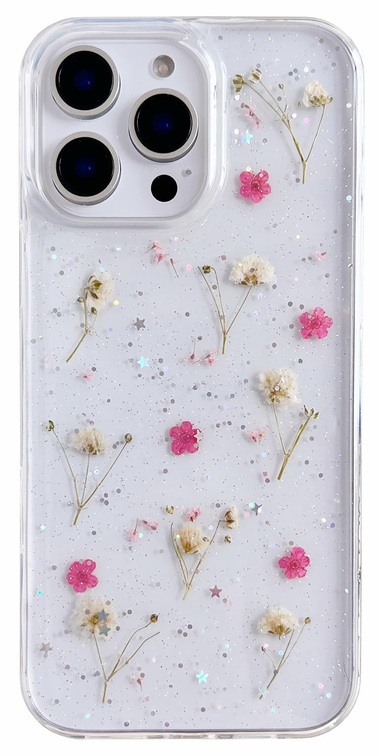AMART for iPhone 15 Pro Case Flowers, Clear with Pressed Dried Flower Cute Glitter Design Women Girls Floral Aesthetic Soft TPU Phone Cover for iPhone 15 Pro (6.1 inch)