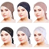 6 Pcs Rhinestone Women Head Scarf Stretchy Head Wrap Bandana Beanie Pre Tied Durag Turban Cap Skull Cap Headbands