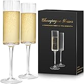 Topsky Ribbed Champagne Flutes Set of 2, 7 oz Crystal Champagne Glasses, Vintage Unique Ridged Design, Clear Mimosa Glasses, Cocktail or Wedding Toasting Glasses, Inner Stripe