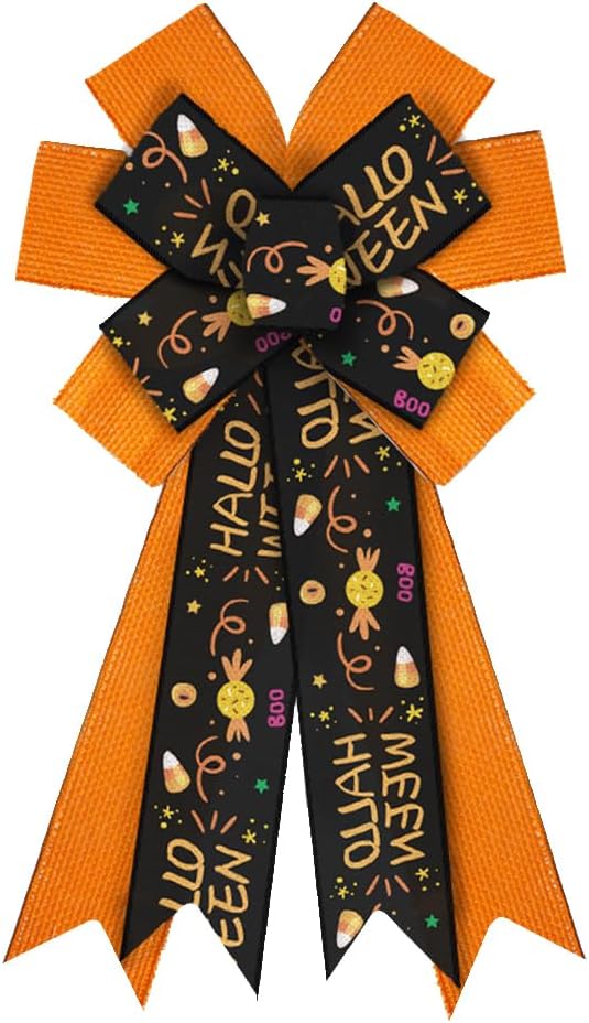 Bows & Ribbons - Large Halloween Wreath Bows Halloween Bows Orange Hallo Halloween Words Burlap Bows for Wreaths, Halloween Ribbon Bows Tree Topper Bows for Home Indoor Outdoor Decoration Wreath Ornament Supplies
