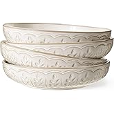 Artena Pasta Bowls, 50oz Large Salad Serving Bowls, 9.75'' Plates Bowls Set of 4, Big White Ceramic Soup Bowls for Kitchen, Embossment Shallow Dinner Bowl, Microwave Dishwasher Safe, Wheat Leaf