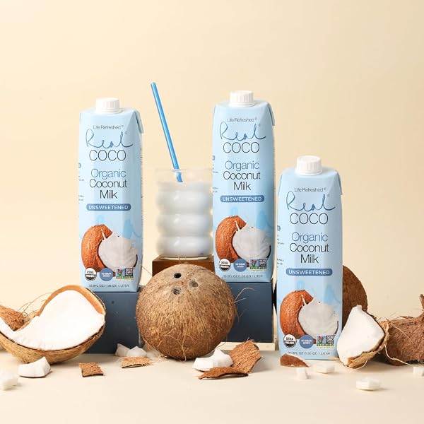 REAL COCO ORGANIC ORIGINAL COCONUT MILK BEVERAGE (6-PACK 1L), USDA ORGANIC, NO-ADDED SUGAR, PLANT BASED, DAIRY & SOY FREE, VEGAN, KETO AND PALEO FRIENDLY