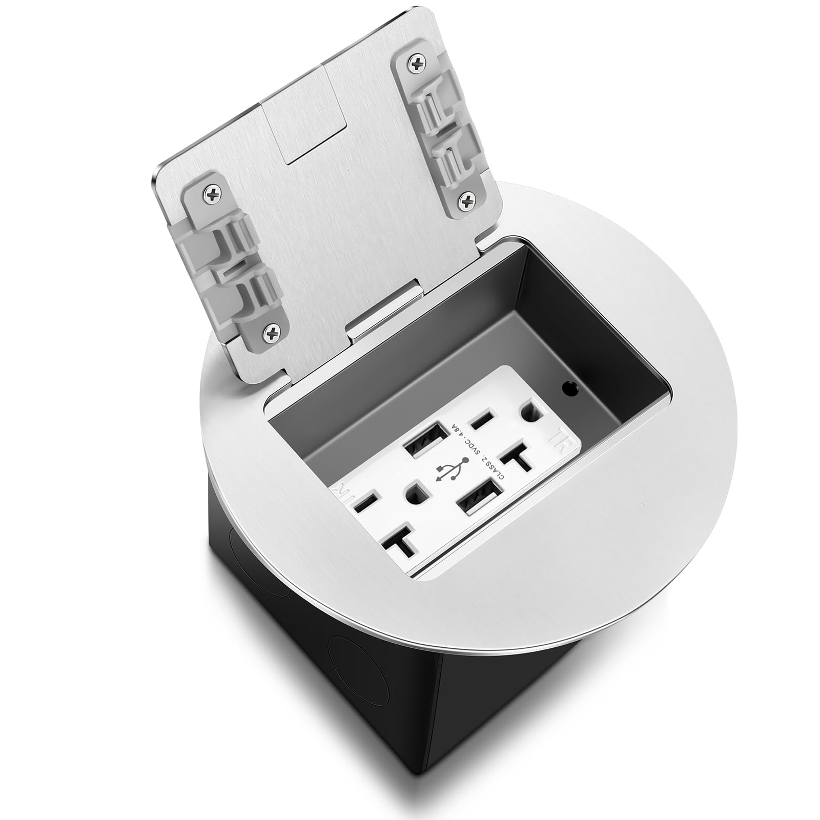 Photo 1 of Kanayu Silver Recessed Floor Outlet 3.98"x3.66"x3.15" 1-Gang with 4.8A USB Chargers 20 Amp Floor Receptacles Round Floor Outlet Kit Electrical Waterproof Outlet Cover for Floor, ETL Listed