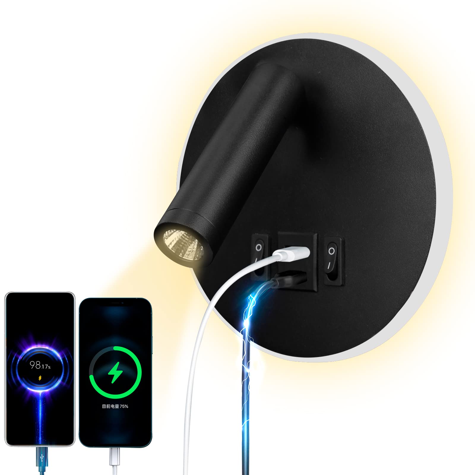 uksunvi LED Reading Lamp Wall Lamp USB Type-C Two Charge Mouth Switch Adjustable 12W LED Spotlight 3000K Wall Lamp Aluminum Bed Lamp Rotatable (Round Black)