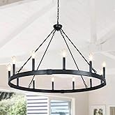 PUZHI HOME 37.4" 12-Light Black Wagon Wheel Chandelier, Extra Large Farmhouse Chandeliers for High Ceiling Rustic Round Penda
