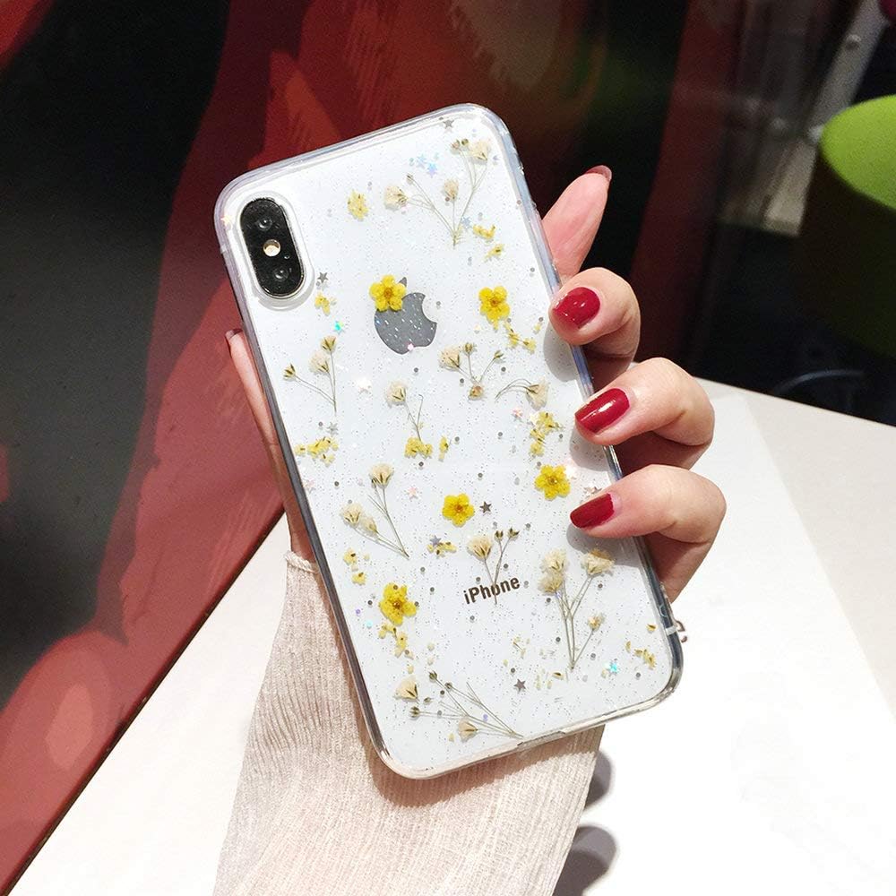 Shinymore iPhone 11 Pro Max Flower Case, Soft Clear Flexible Rubber Pressed Dry Real Flowers Case Girls Glitter Floral Cover for iPhone 11 Pro Max-Yellow