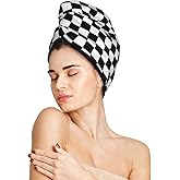 famliihw Black and White Checkerboard Hair Towel Wrap Microfiber Fast Drying Hair Turban with Buttons for Women Men Drying Curly, Long & Thick Hair