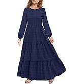 MITILLY Girls Maxi Dress Puff Long Sleeve Crew Neck A-Line Ruffle Tiered Casual Party Dresses with Pockets