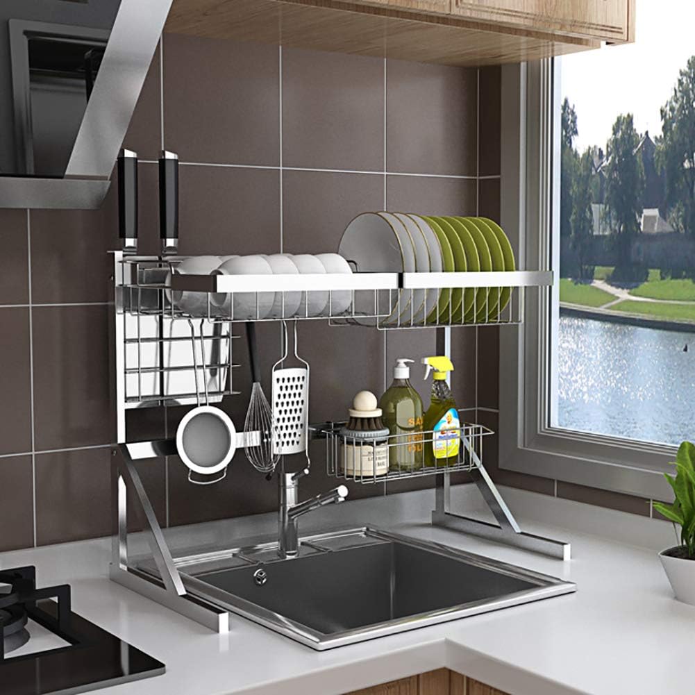 TriGold Dish Drying Rack Over The Sink,stainless Steel Dish Rack With 5 Utility Hooks Large Drainer Shelf Utensils Holder For Kitchen B 64x32x50cm(25x13x20inch)
